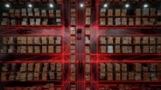 Blick auf ein Lager mit automatisierten Fahrzeugen